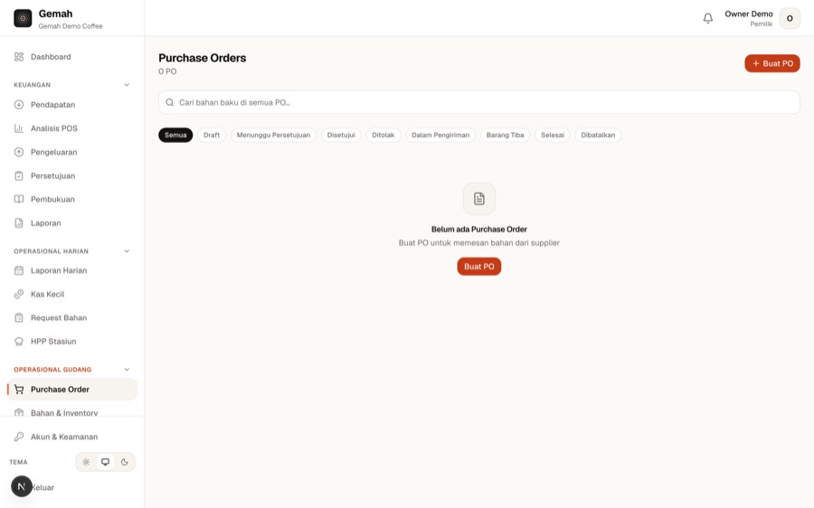 Layar Purchase Order di aplikasi Gemah — pesanan ke supplier, barang masuk, nota yang cocok.