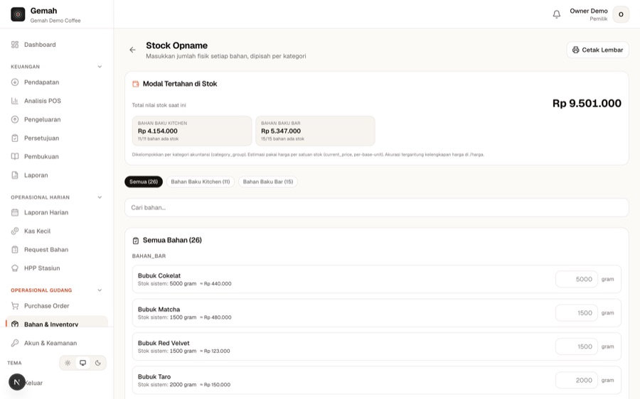 Layar Opname di aplikasi Gemah — selisih fisik terhadap catatan sistem, per bahan.